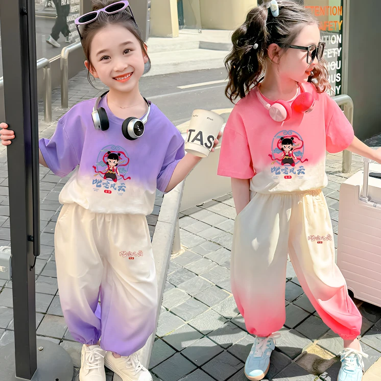 网红女童夏装套装服装新款夏季女孩儿童全套T恤哪吒套装薄款时髦