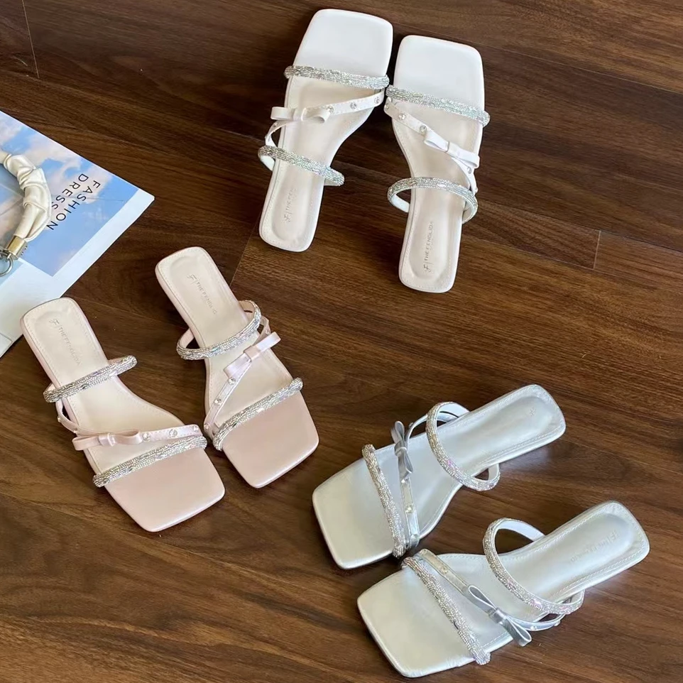 SUMI 粉色温柔仙女水钻蝴蝶结低跟凉拖女鞋法式气质百搭平底拖鞋