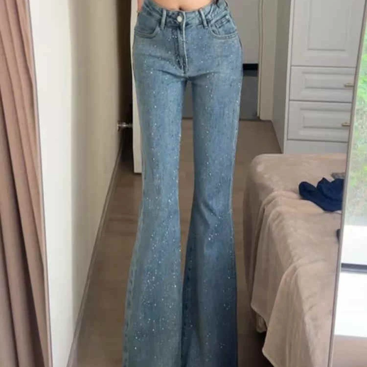 高个子加长重工烫钻高腰微喇牛仔裤女2025新款不贴腿显瘦喇叭裤