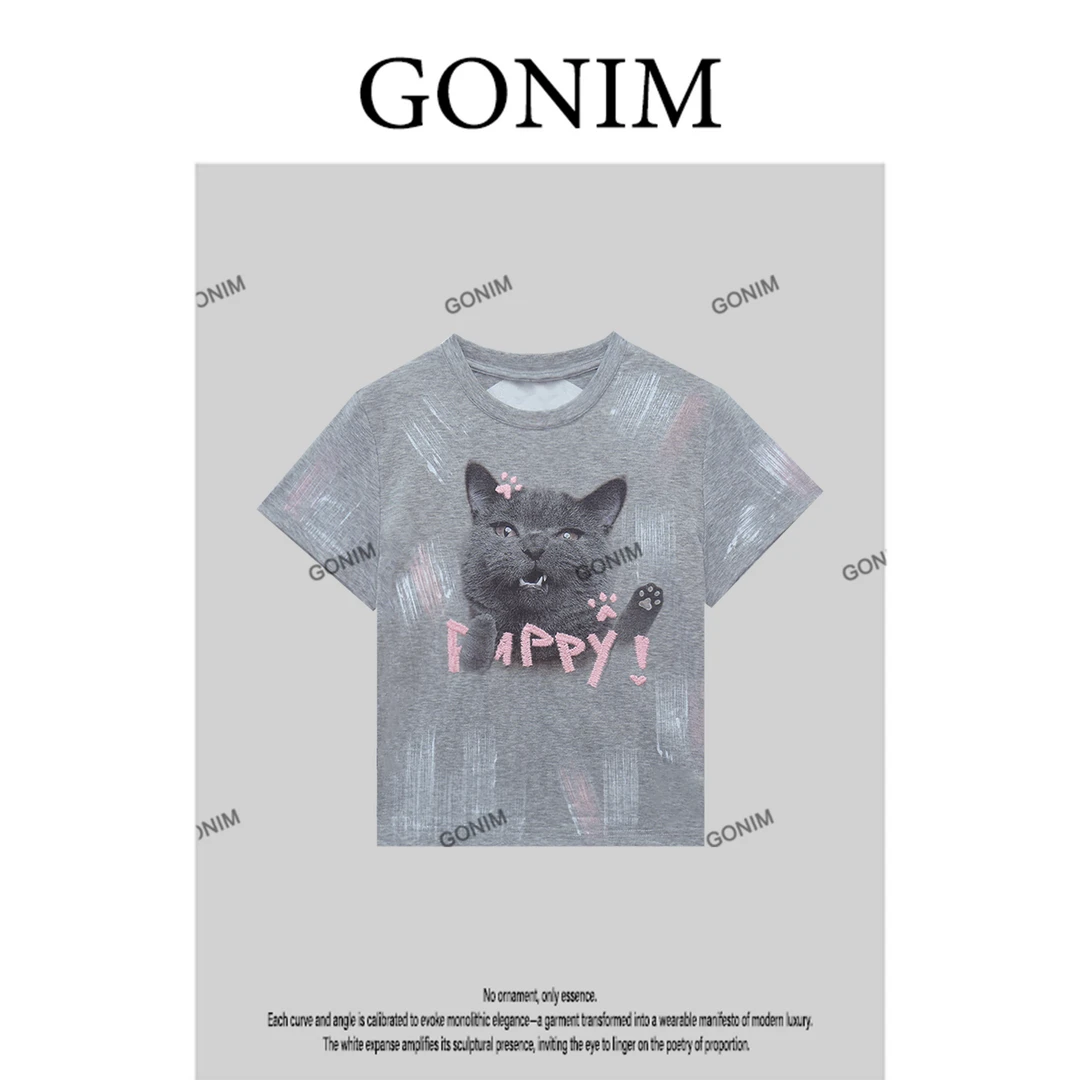 Gonim· “肥波小猫1”2025春夏款高级优雅精致短袖猫咪时尚百搭T恤