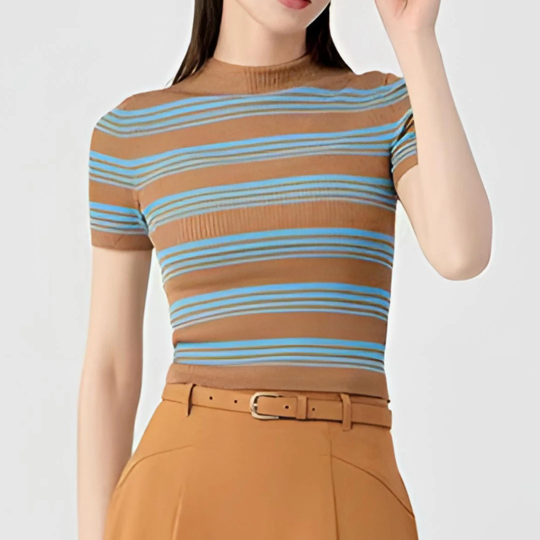 商场同款女装2025春夏新款显瘦条纹冰丝针织短袖T恤女半袖538047