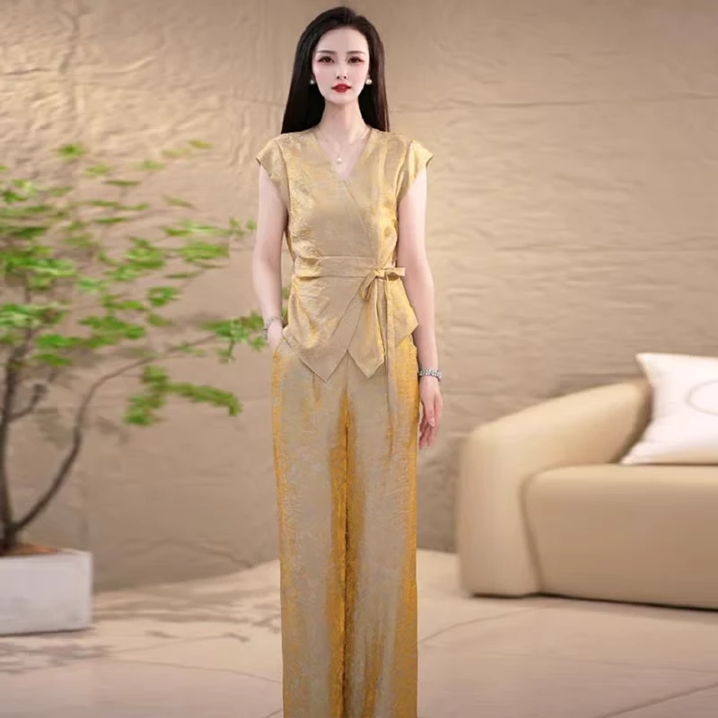 拉夏贝尔新中式时尚套装女2025夏季显瘦V领碎花上衣阔腿裤两件套