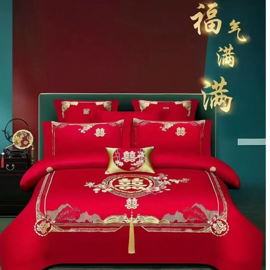 【福气满满】100%长绒棉轻奢高档大红色绣花中式床上四件套网红款