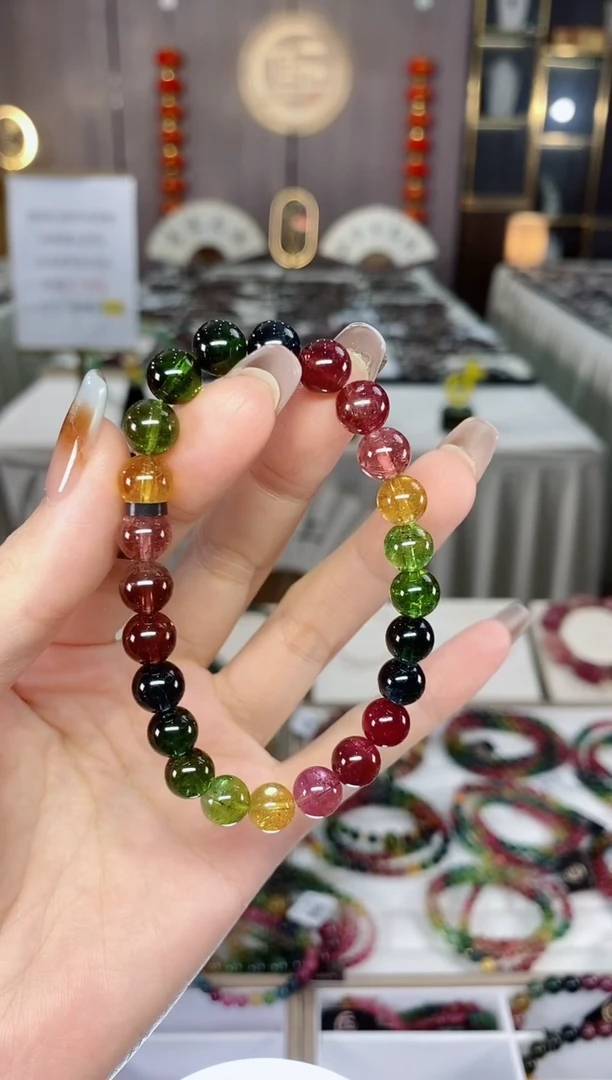 老矿碧玺色标彩虹高透单圈手串7mm未镶嵌碧玺dan多样性发货一条