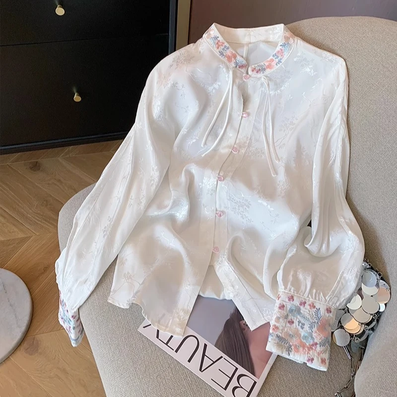 新中式国风白色打底衫提花复古衬衫女装2025新年禅意唐装汉服上衣