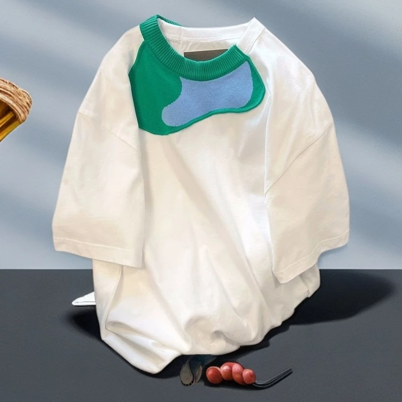 2025夏季特大码美式潮风女T恤拼接短袖T恤男女宽松情侣上衣