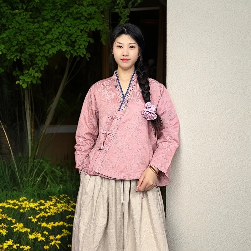 【赢麻原创】新款复古禅意棉麻立体提花刺绣斜襟盘扣上衣