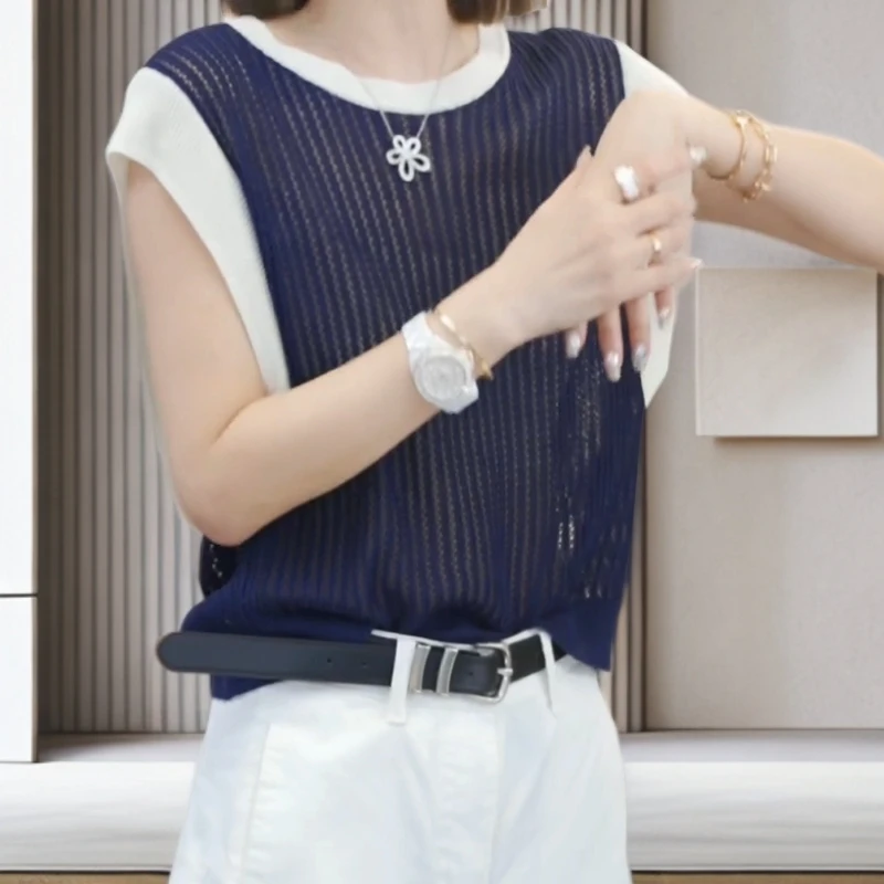 【平行格调】2025夏季新款时尚气质休闲毛衣宽松镂空短袖针织衫上衣