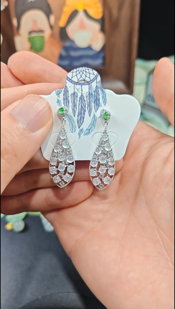 银S925镶嵌翡翠耳饰翡翠耳饰S925银镶嵌