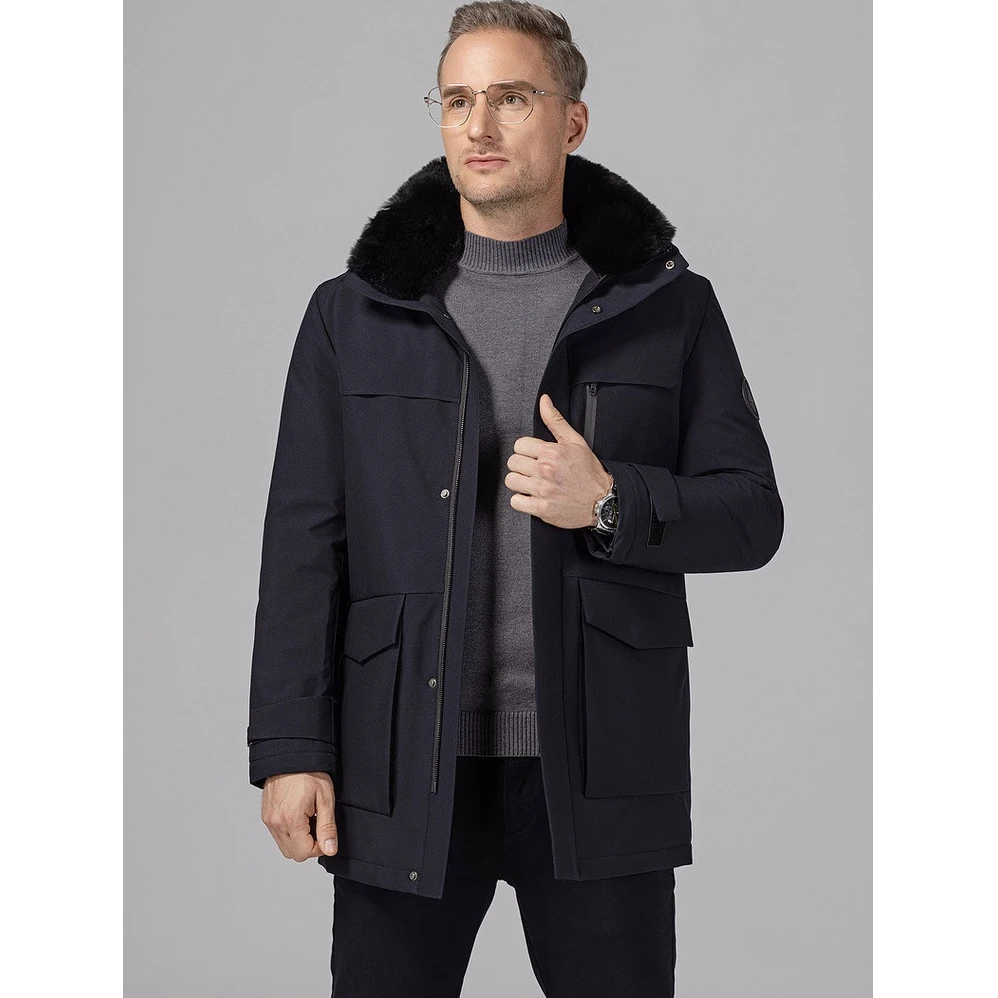 225男士獭兔毛领连帽可脱卸中长款羽绒服