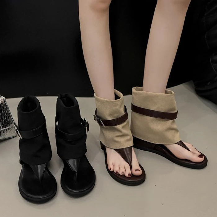 靴子女厚底增高堆堆靴女短靴潮夏季夏天人字夹趾凉靴长筒靴卡其色