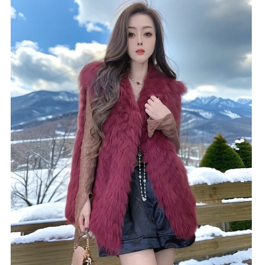 2025年秋冬新款狐狸毛真毛皮草马甲女短款气质外套显瘦背心梅红