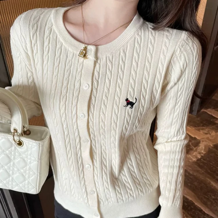 春秋款麻花小猫刺绣圆领毛衣外套女秋冬百搭宽松减龄外搭针织开衫