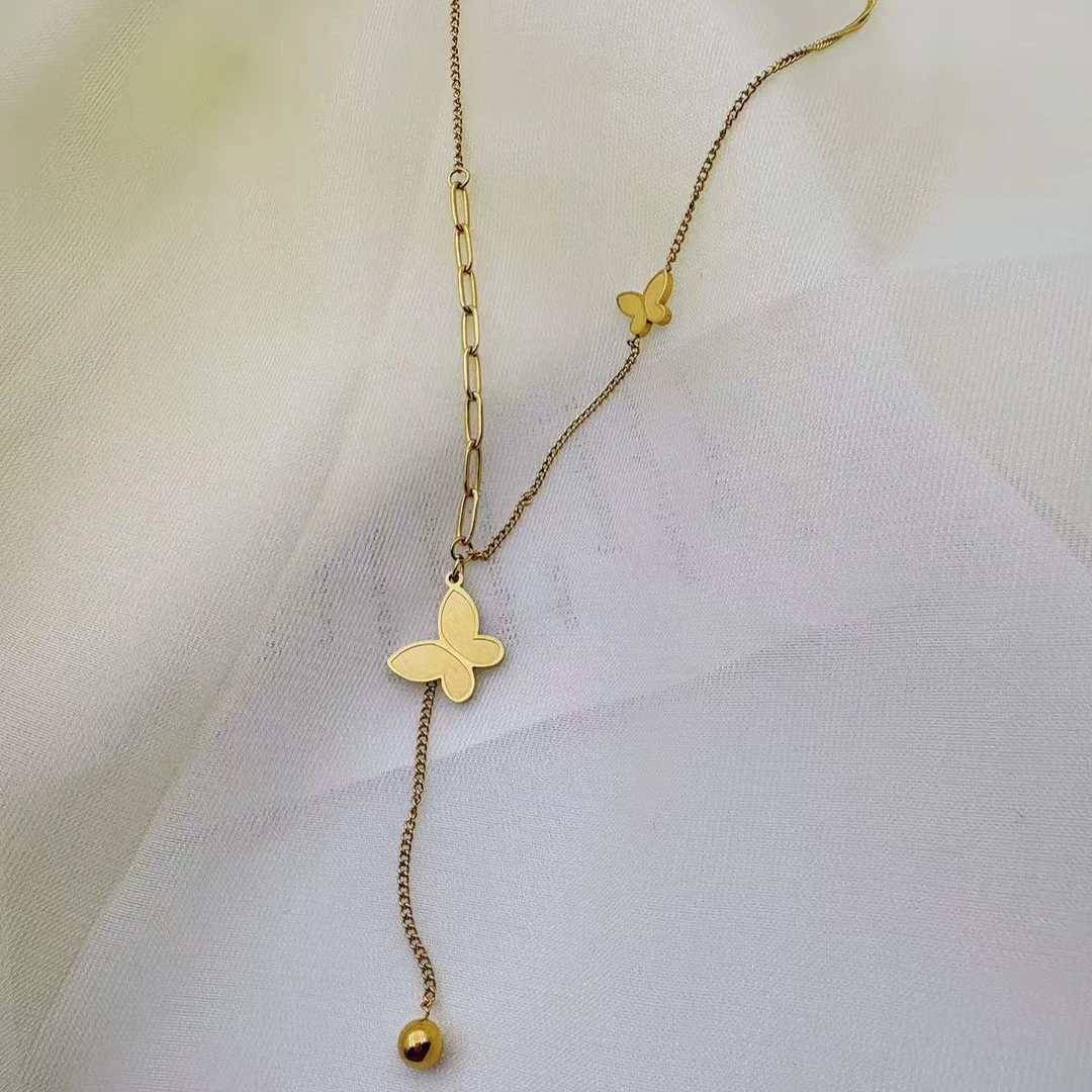 钛钢项链 【Kiss娜】钛钢3139时尚蝴蝶流苏豆豆项链