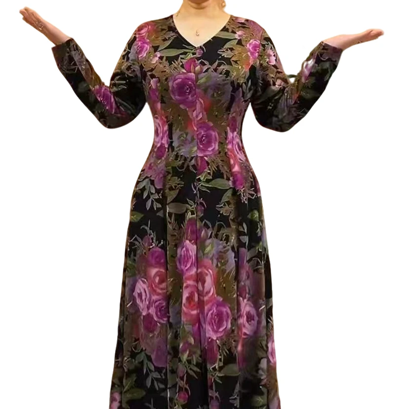 新款时尚彩色富贵花收腰显瘦女士连衣裙