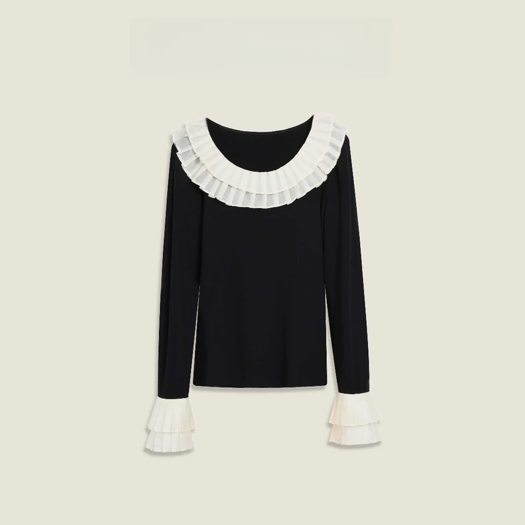 新款法式高级感压褶圆领喇叭袖显瘦上衣女装MKOK0773