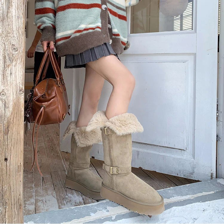 皮毛一体两穿雪地靴女2025新款勃肯冬季厚底加绒加厚长筒靴雪地棉