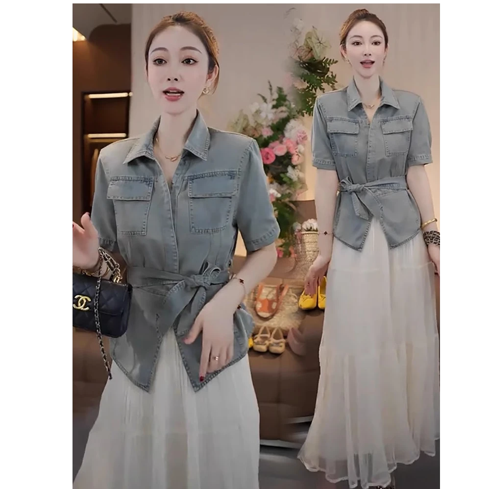 时尚连衣裙女夏季新款洋气收腰显瘦牛仔短袖上衣网纱半身裙两件套