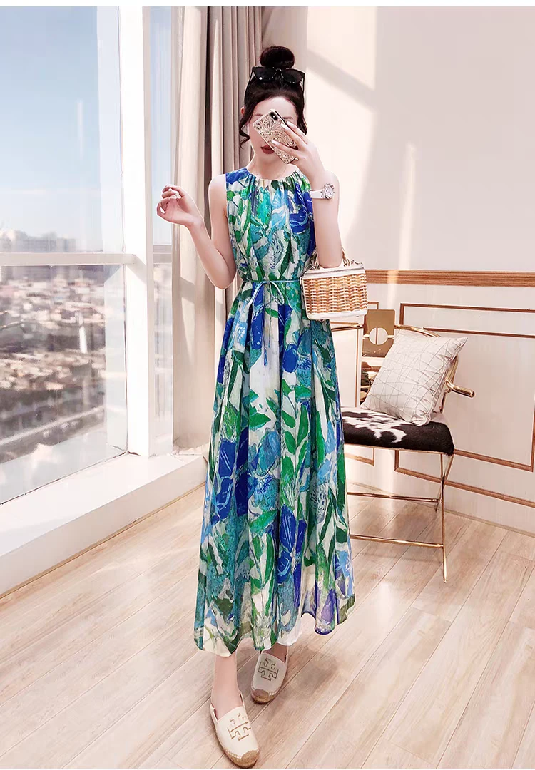 【西贝】蓝绿色印花度假高级风旅游连衣裙D845