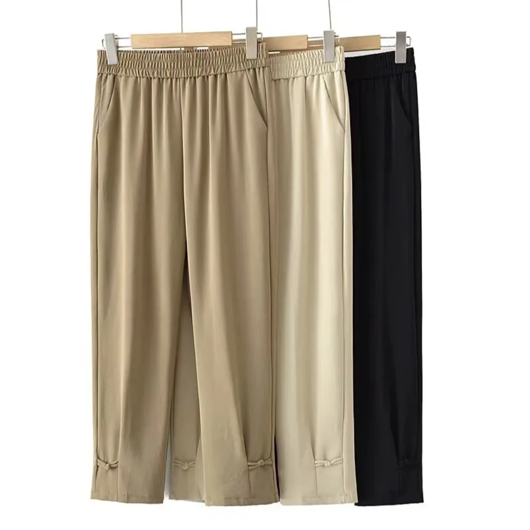 秋装夏季时尚九分裤子休闲高腰宽松百搭微弹纯色显瘦妈妈裤薄款女