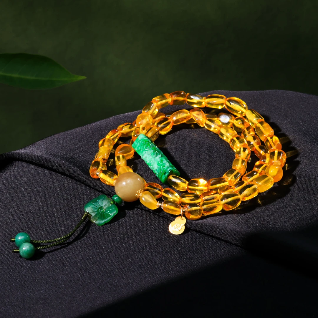 【意婵】《心境澄明》“大超值”18K金琥珀多圈手串翡翠和田玉-917357