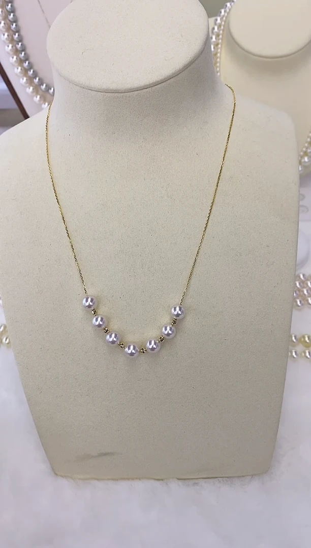 18K金镶嵌项链海水珍珠Akoya 七珠微笑链 7-7.5MM 18K金