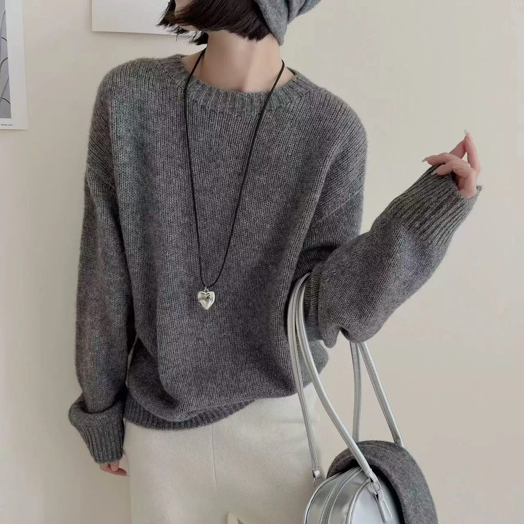 秋冬法式圆领羊毛衫简约休闲慵懒针织毛衣气质宽松百搭加厚打底衫