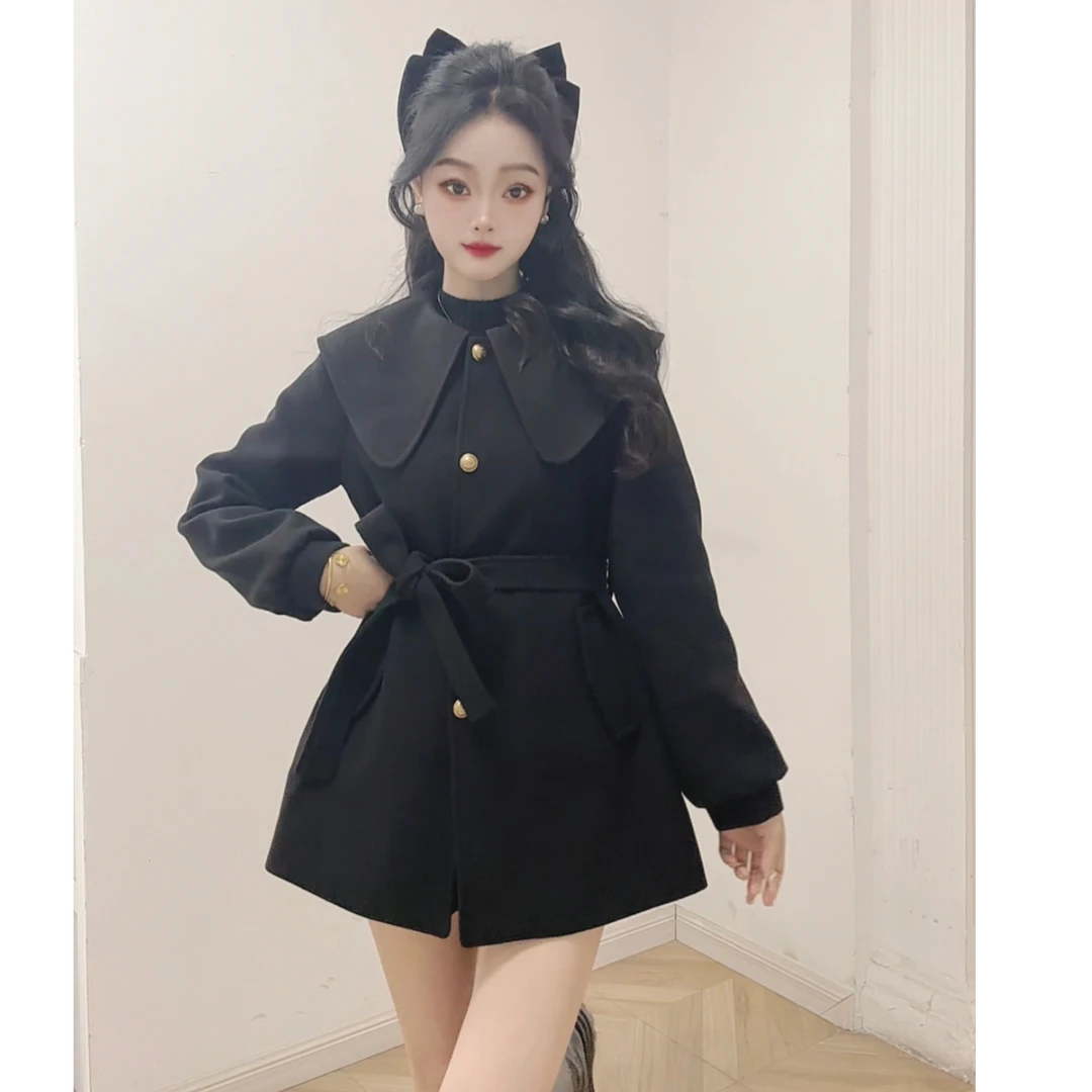 IEF/爱依服2025冬季新款气质显瘦高级黑呢绒中外套时尚收腰赫本风