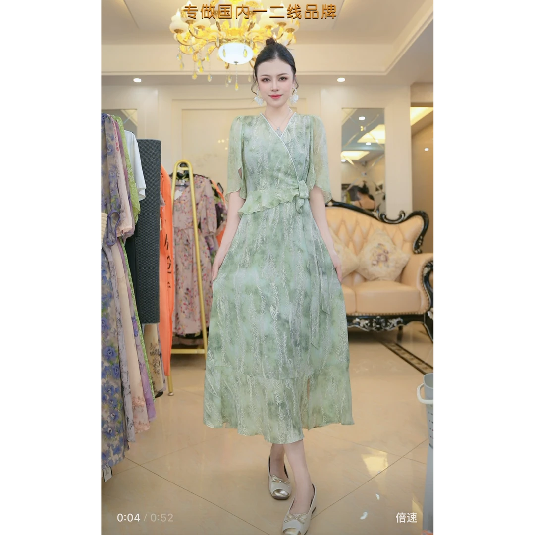 新款I显瘦裙子2025夏季木耳边拼接中长款连衣裙D1003