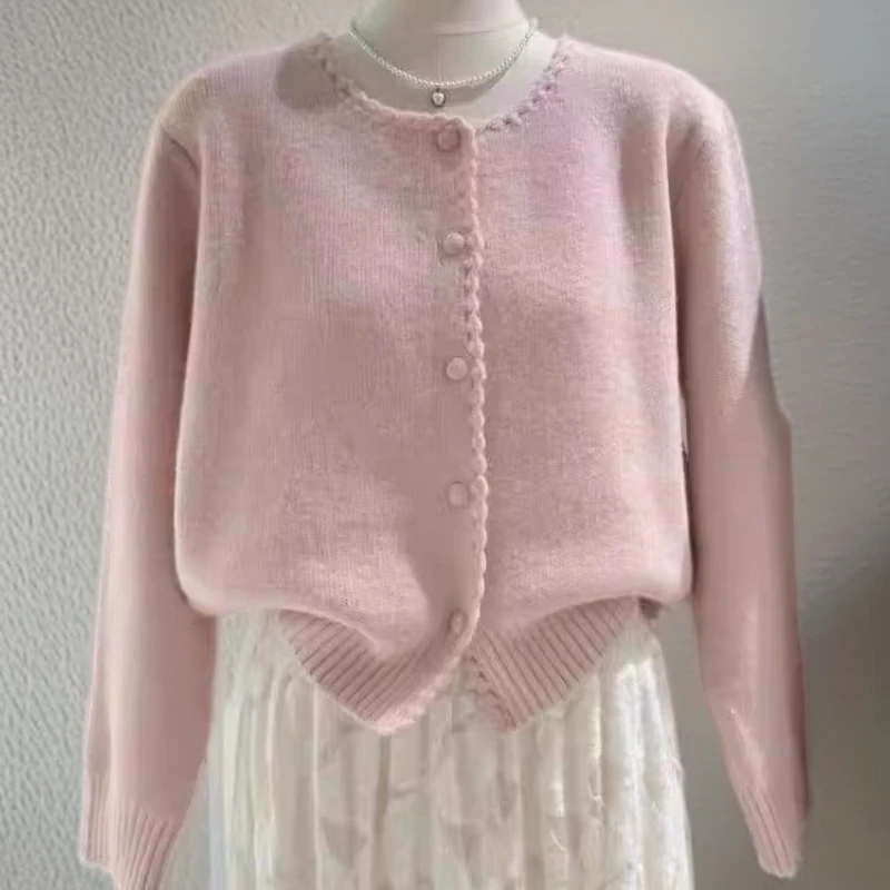 韩版网红甜美开衫毛衣短款上衣长袖圆领纯色学院风针织衫时尚百搭