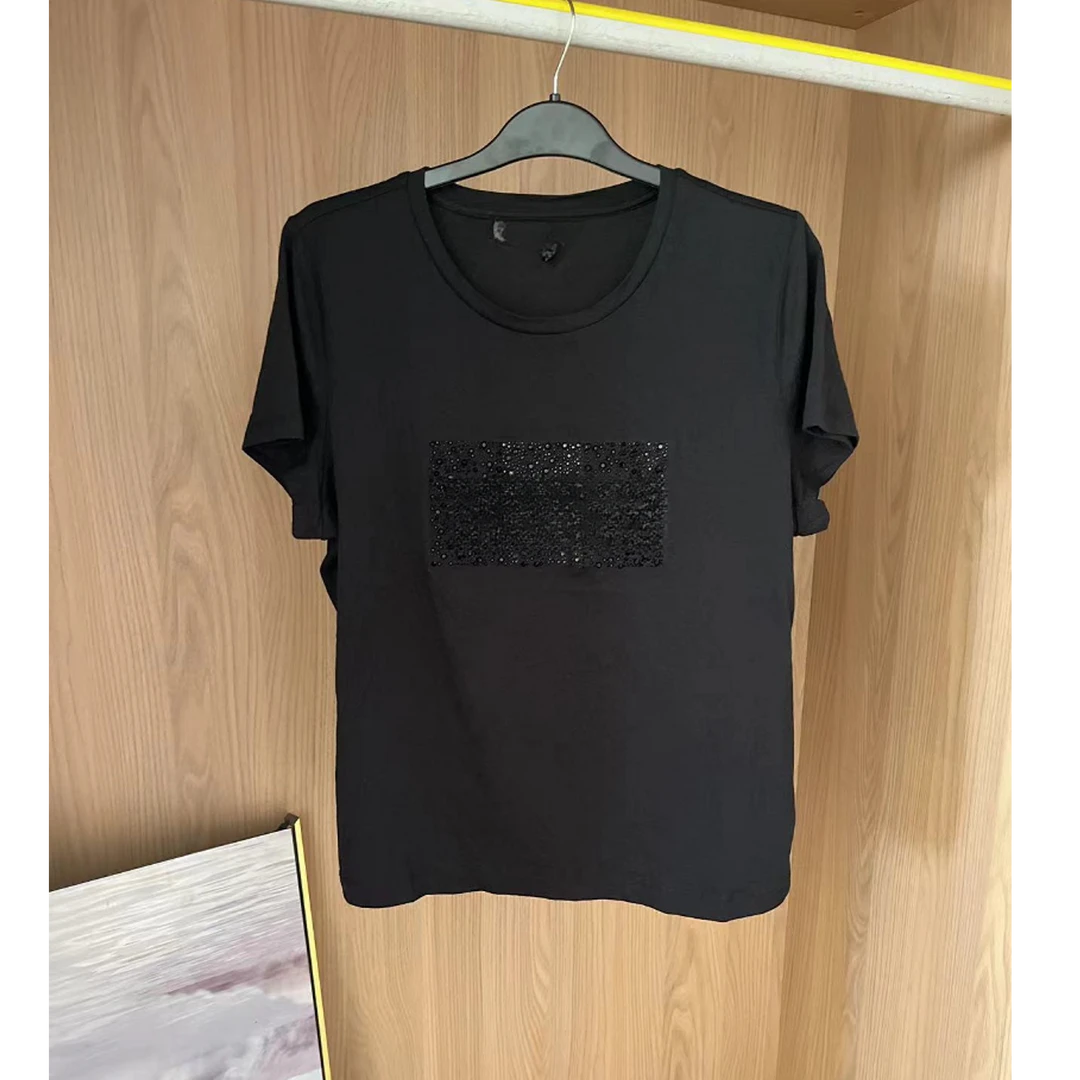 425019孤品扣号百搭休闲烫钻短袖