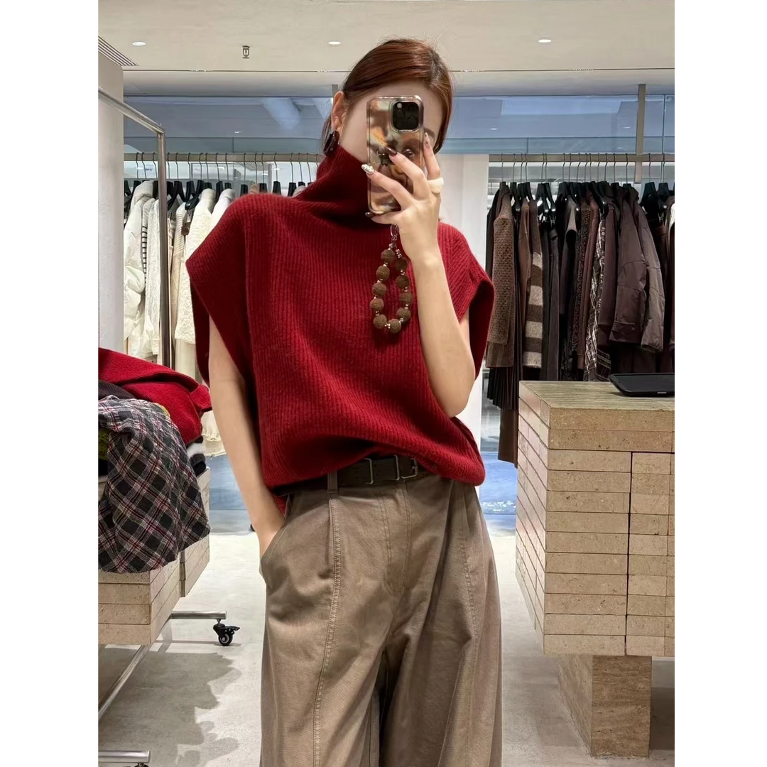 M1450时髦百搭高领无袖纯色针织衫 衣长57 款号OF042