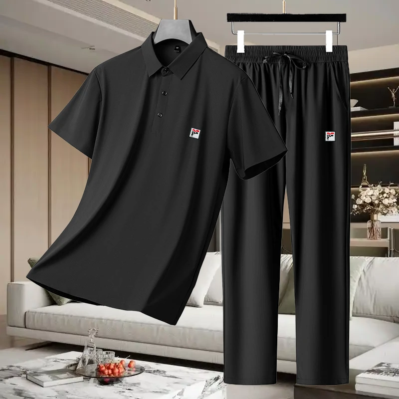 夏季休闲两件套男士运动速干2025新款冰丝POLO衫薄款透气翻领半袖