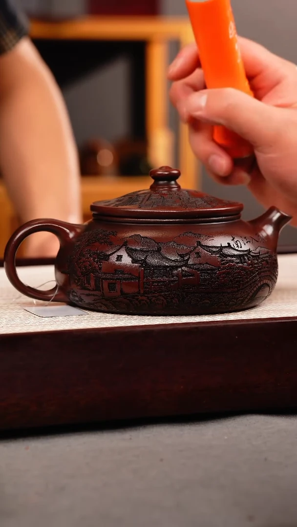 茶壶紫砂铁皮石红 大寒江 刻绘