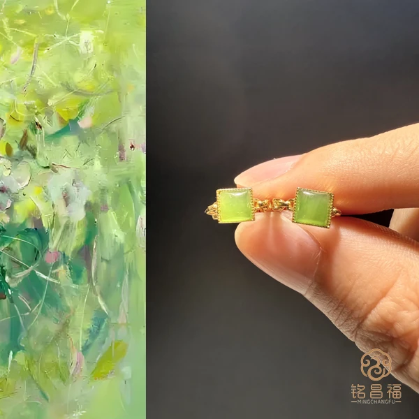 【方圆】纯天然和田玉碧玉果绿耳饰6*6*4