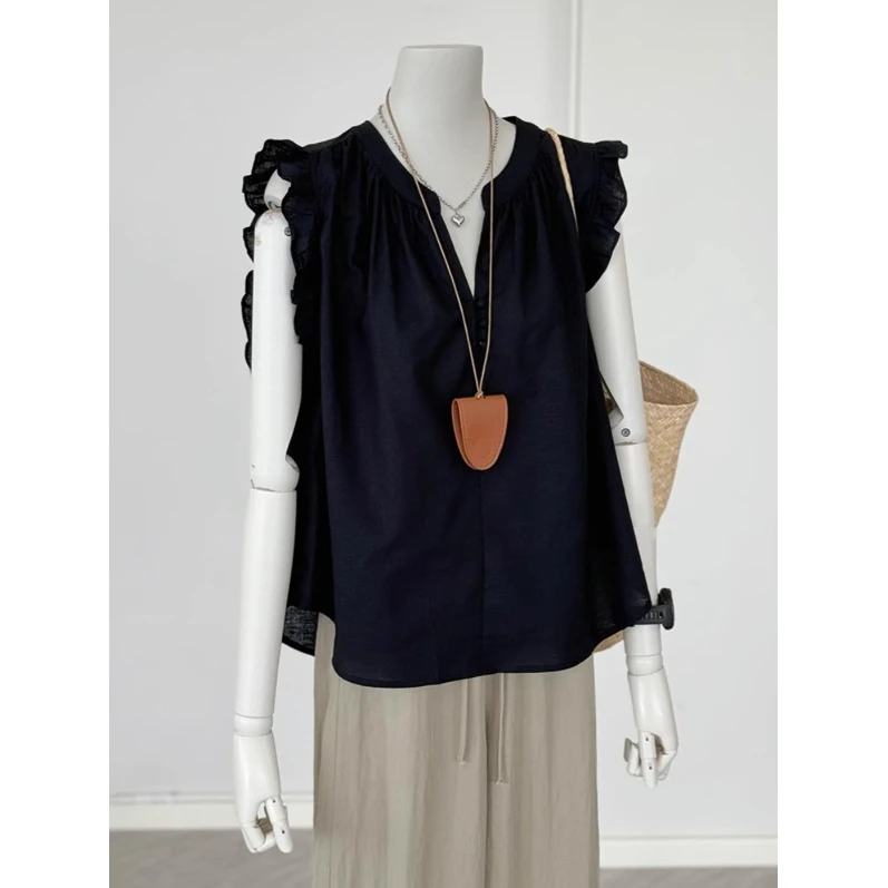 2025夏季新款时尚气质百搭荷叶边小飞袖V领显瘦设计感娃娃衫上衣