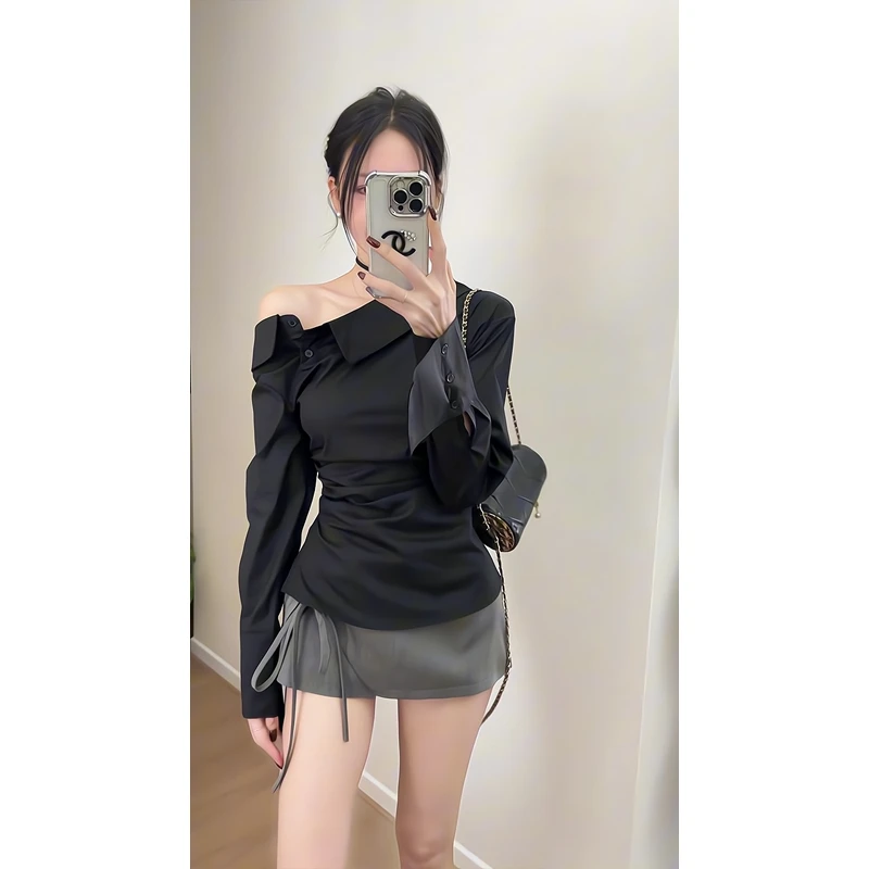 设计感小众斜肩衬衫收腰显瘦露肩上衣蝴蝶结系带半身裙a字短裙子