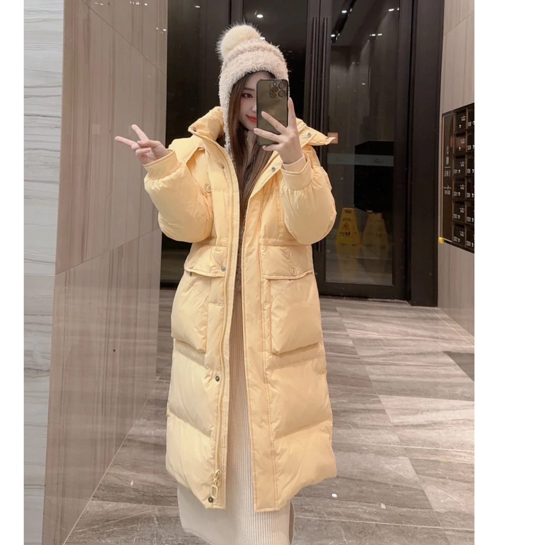 奈奈妮【大口袋】90白鸭绒收腰羽绒服帽子可拆中长款保暖时尚2406