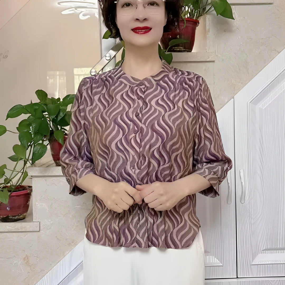 《专柜品质》气质夏季时尚女士休闲百搭宽松显瘦精美波浪雪纺衫5