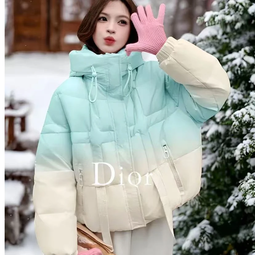 渐变色棉衣女冬季2024新时尚宽松连帽短款洋气百搭保暖棉服外套