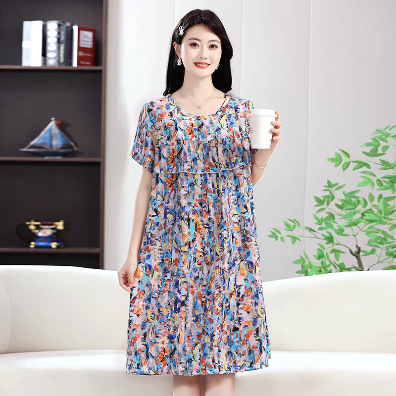 棉绸睡裙女款新款高档夏季不带胸垫防凸点中年妈妈夏装人造棉睡衣