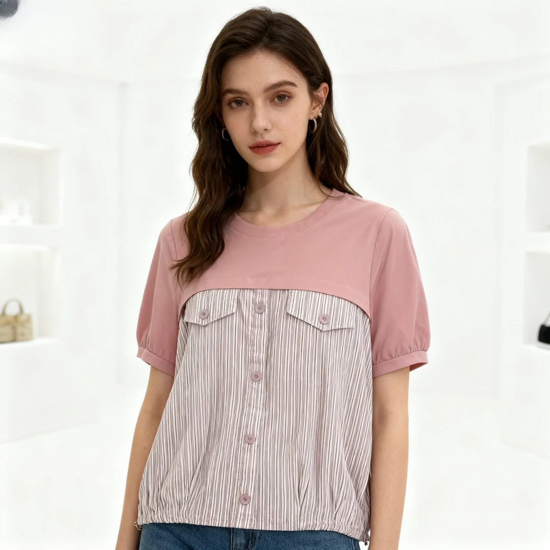 32507#夏季时尚拼接条纹百搭休闲T恤【B12-2