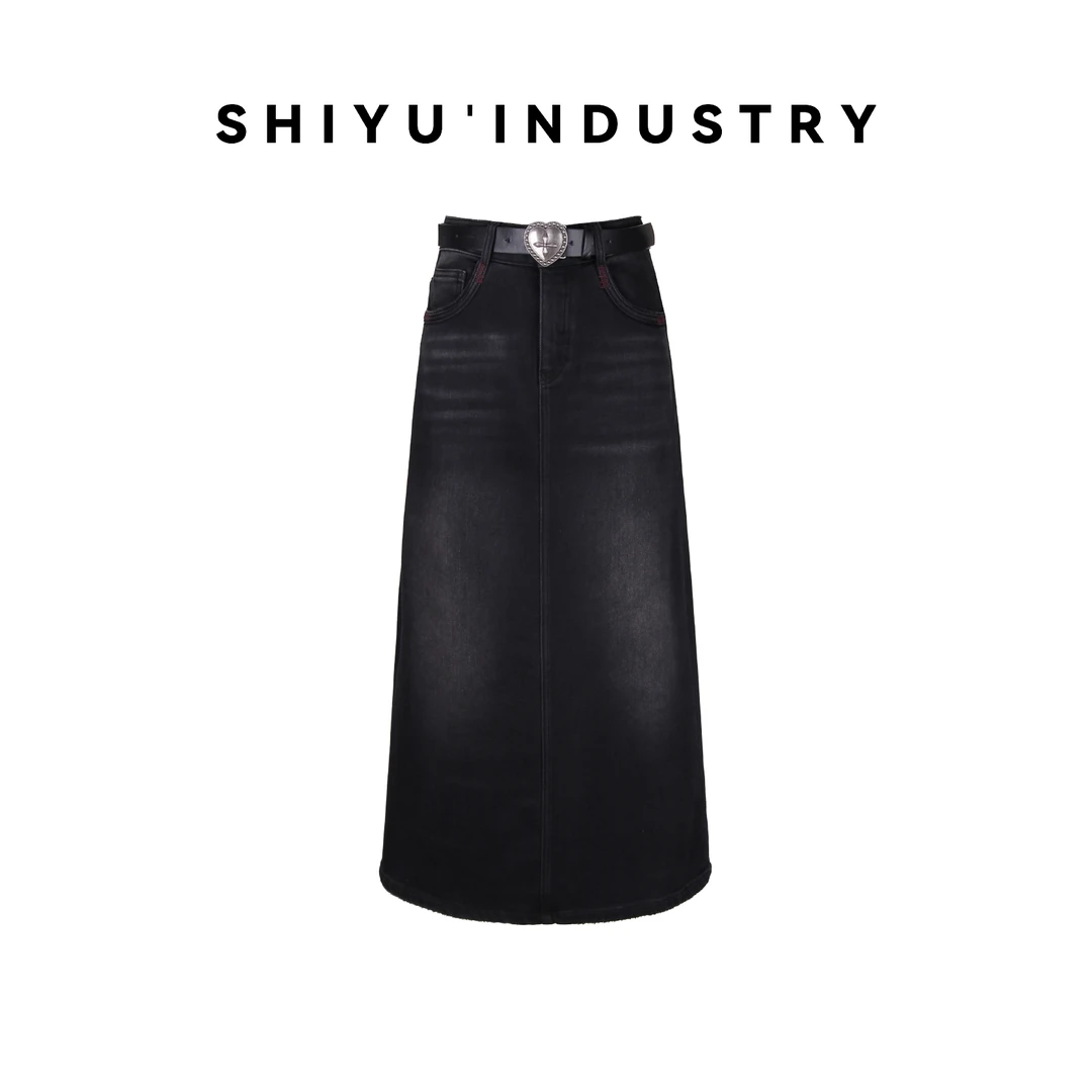 炙热绒显瘦后开叉洗水黑牛仔半裙