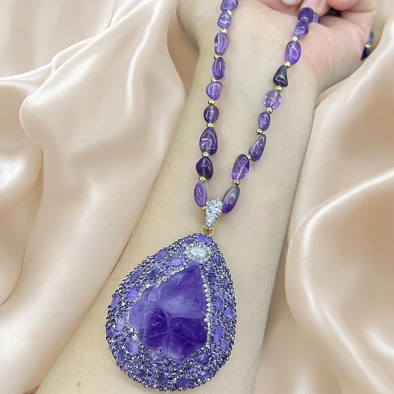 铜合金合成锆石项链 铜合金紫色不规则裸面时尚项链