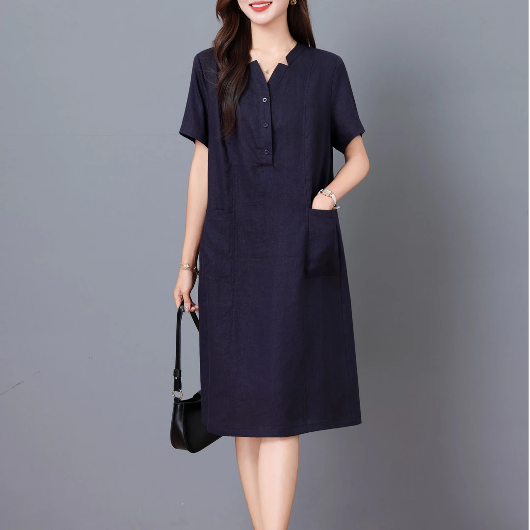 高端天丝亚麻连衣裙女夏季宽松休闲气质显瘦大码中长款遮肚中老年