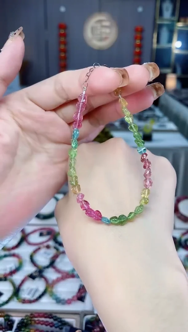 老矿碧玺色标彩虹净体原石单圈手链未镶嵌碧玺dan多样性发货一条