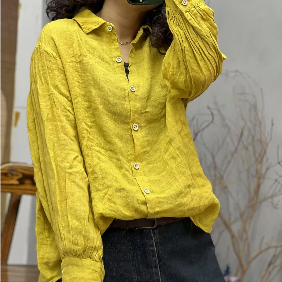 QC 春季新品亮色亚麻休闲百搭文艺休闲女士衬衫 胸围118长66