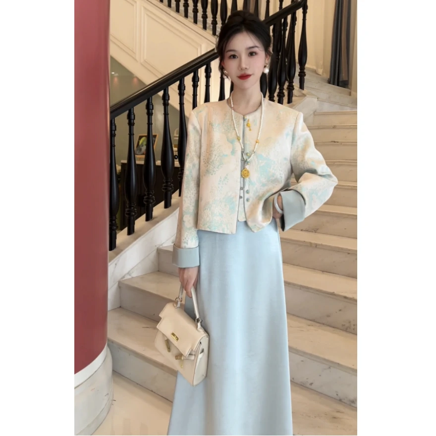 新中式拼色宋锦提花盘扣外套女春季2025新款国风气质改良唐装上衣
