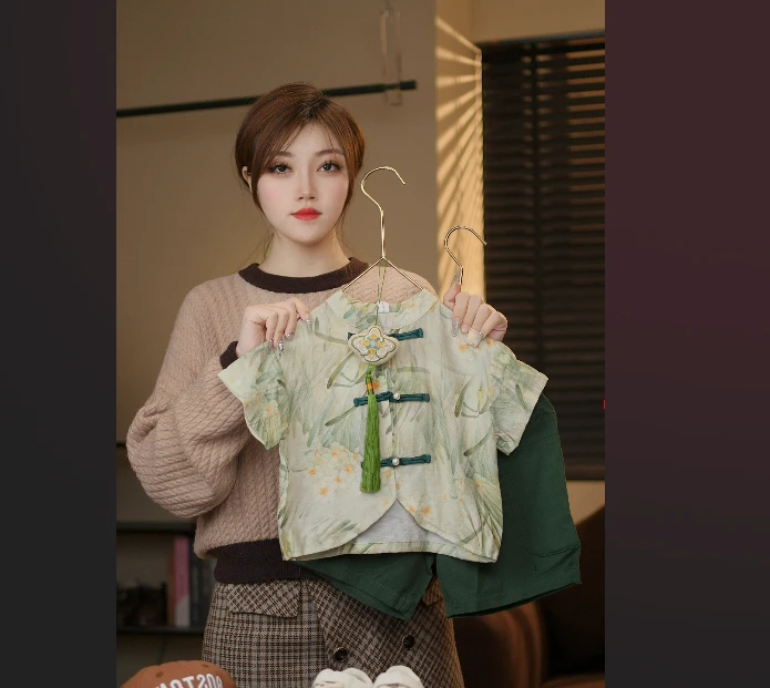儿童夏古风汉服短袖上衣唐装开衫衬衫套装37215