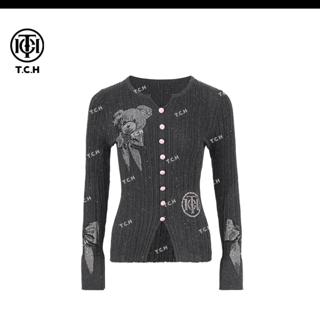 长安万达tch私域款女士V领灰色针织衫T75A09E5005